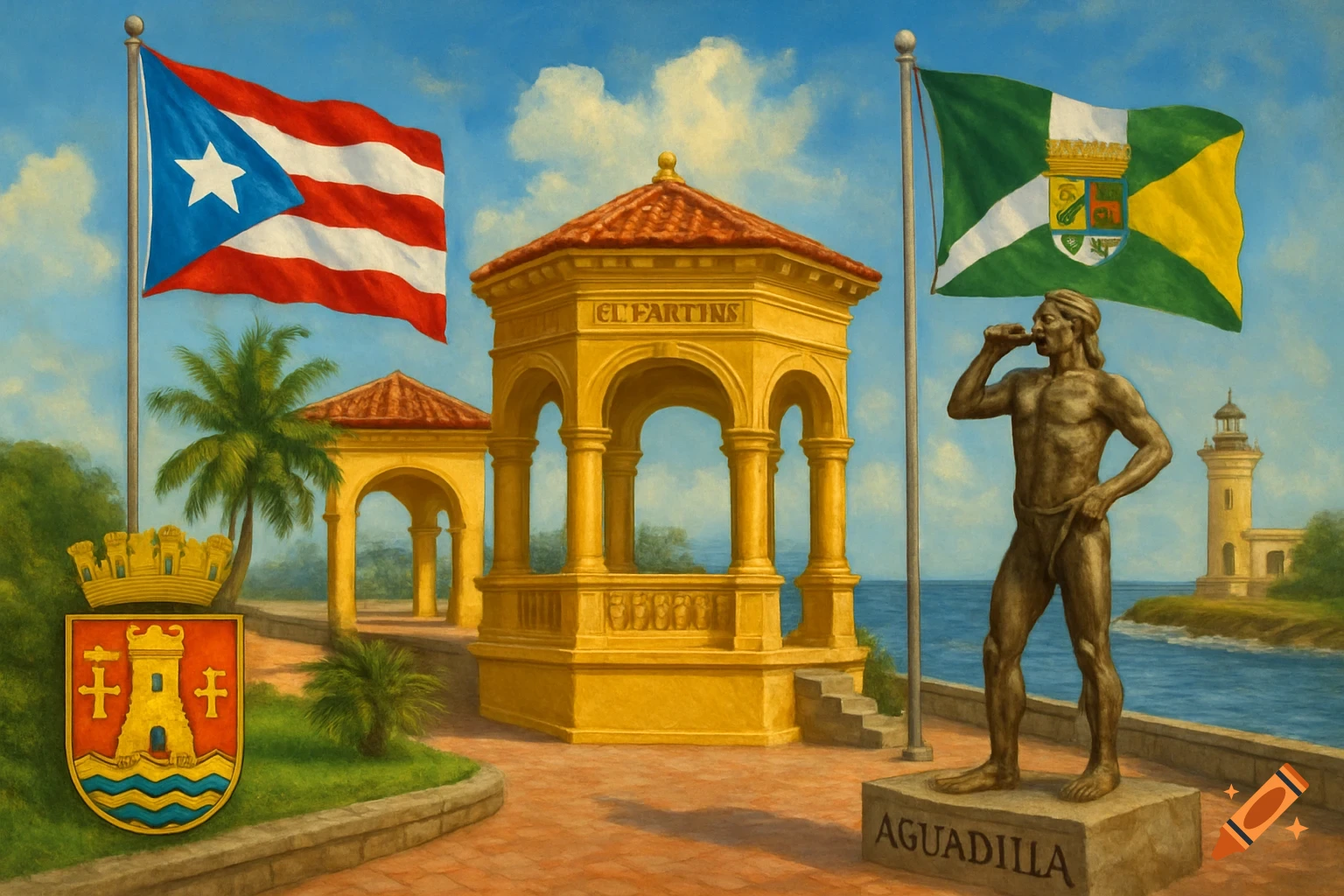 Painting of a Puerto Rican flag and Aguadilla flag over a statue, gazebo, and landscape.