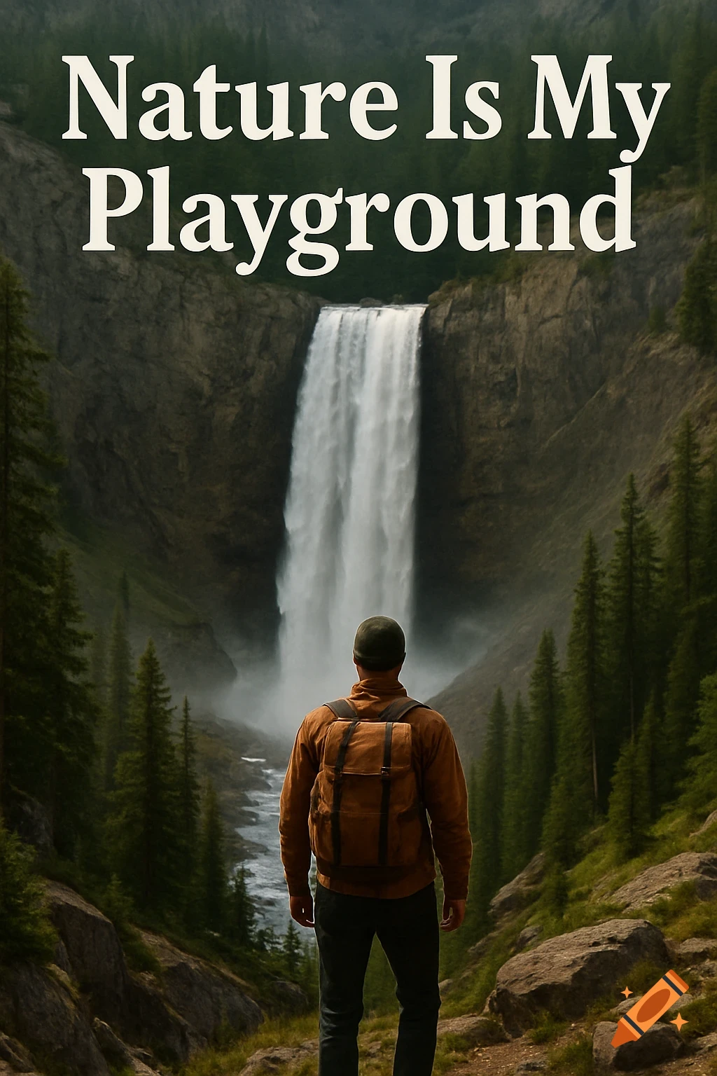 Man with a backpack looking at a large waterfall in a mountain forest landscape, with the text 'Nature Is My Playground' overlaid.