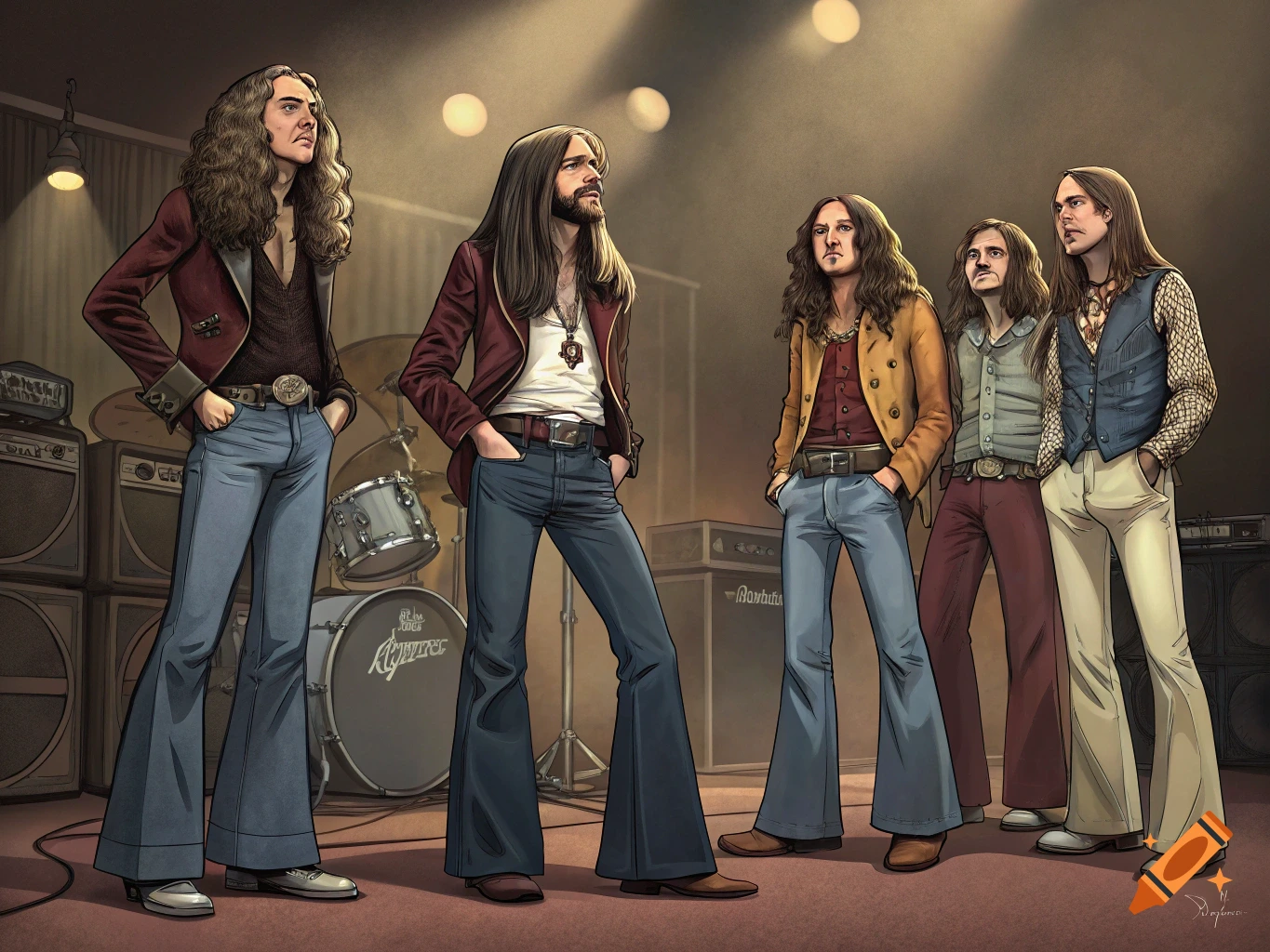 Illustration of a band of five men with long hair in 1970s fashion on a stage with drums and amplifiers.