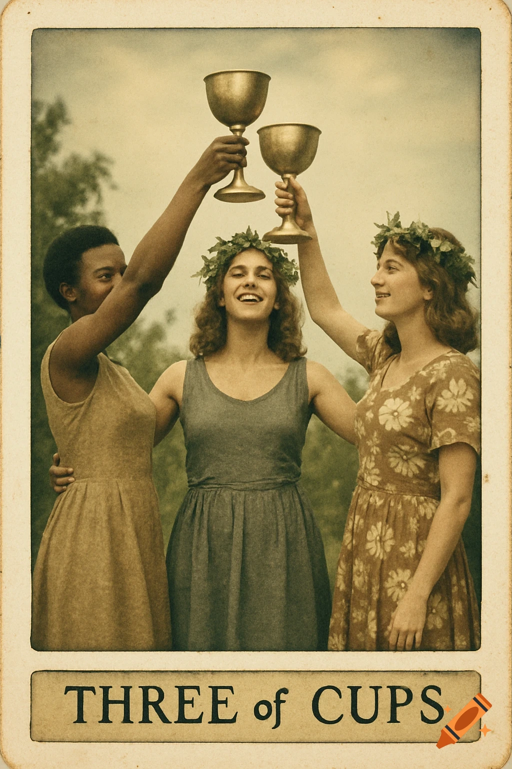 Three women celebrating, holding cups, vintage photo tarot card.
