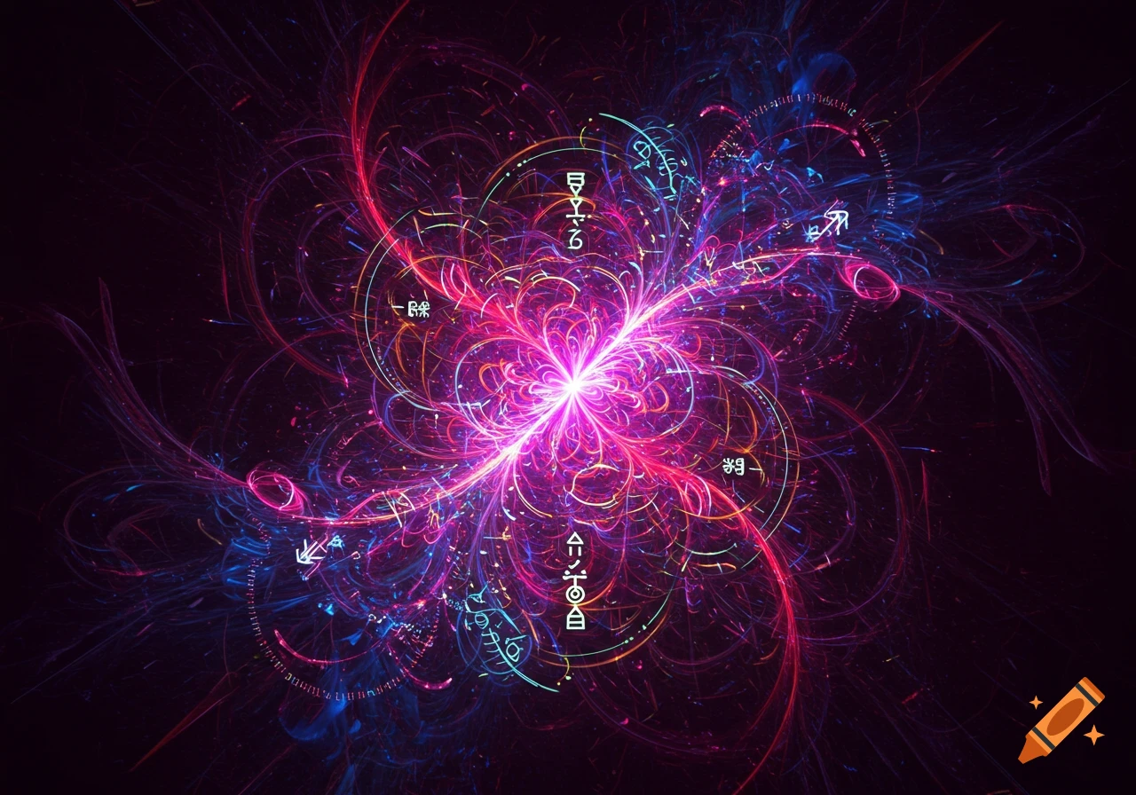 Abstract digital art with a central bright pink/purple light explosion, swirling red and blue light trails, and scattered glowing glyphs.