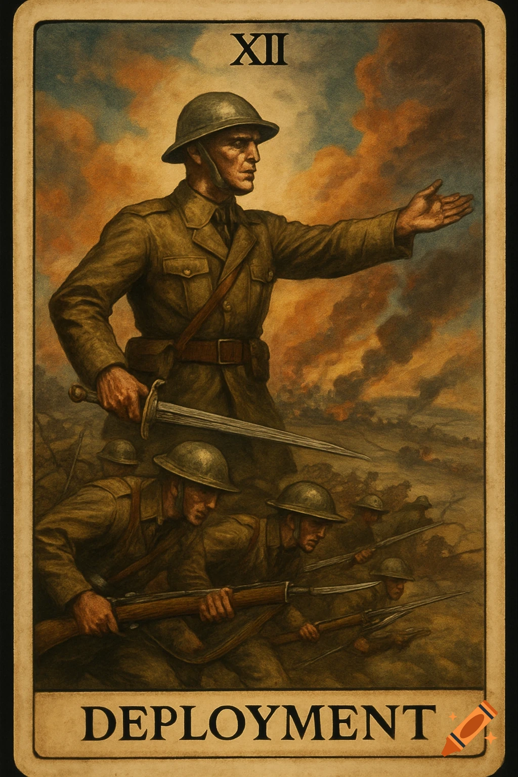 Illustration of a tarot card depicting a military commander leading soldiers forward, with the number XII and text 'DEPLOYMENT'.