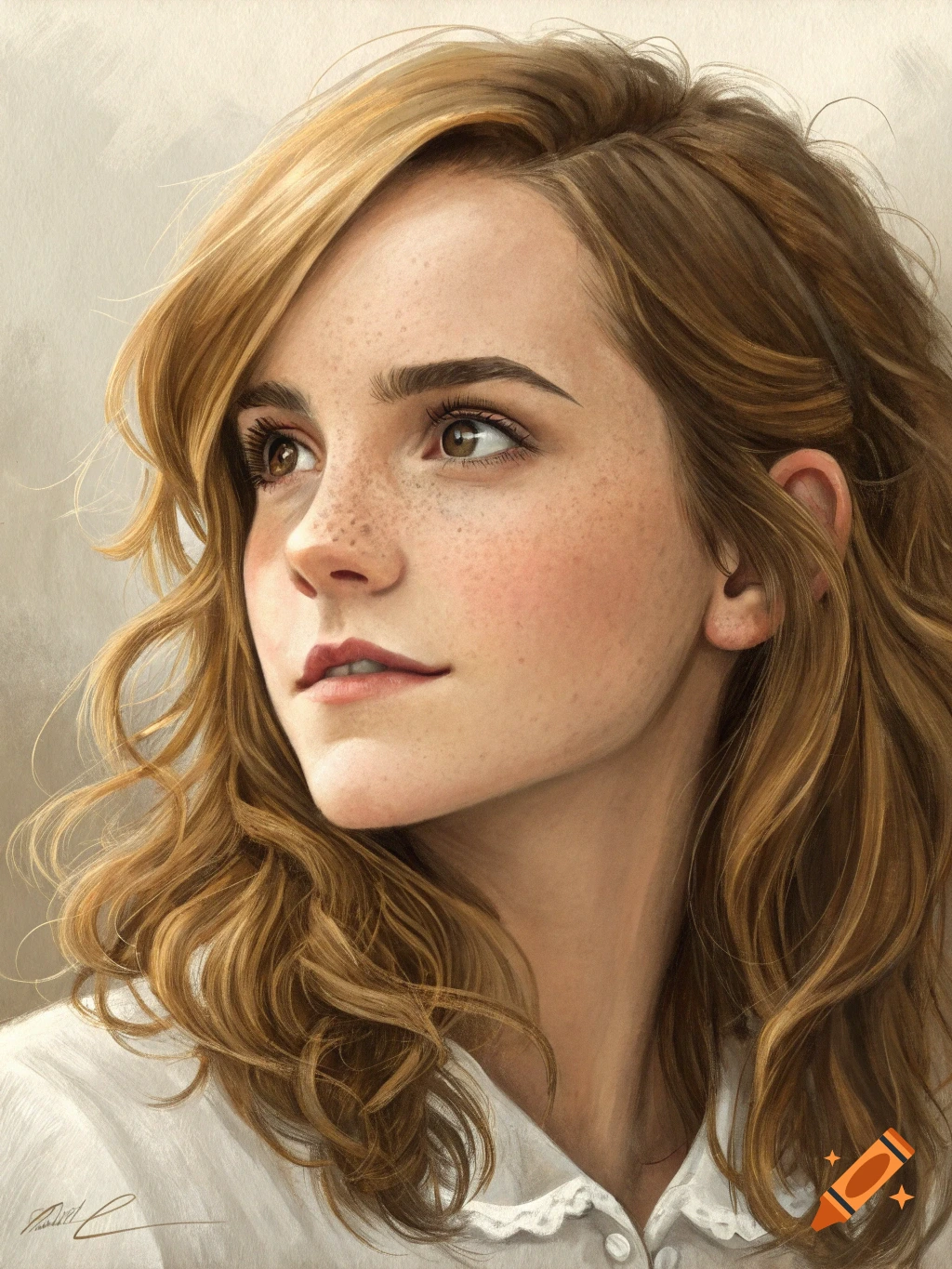 Realistic painting of a young woman with freckles and curly hair looking upwards.