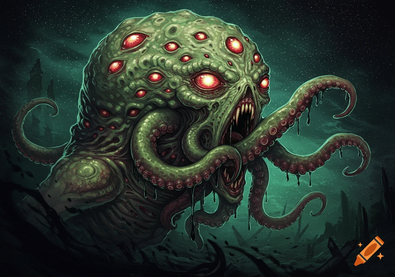 A grotesque green eldritch creature with multiple red eyes and dripping tentacles stands in a dark, watery landscape under a starry sky.