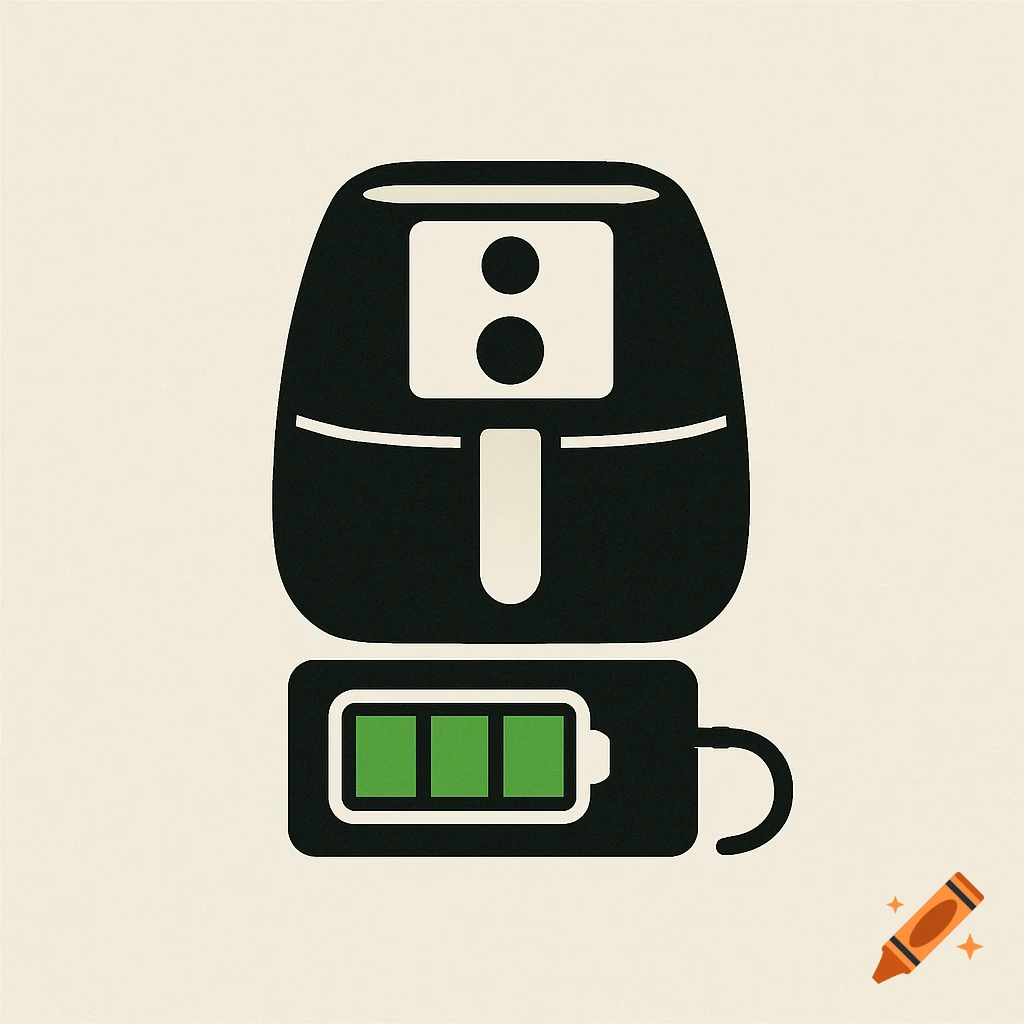 Logo of a black air fryer on a black portable battery with three green charge bars, on a light background. Simple illustration.
