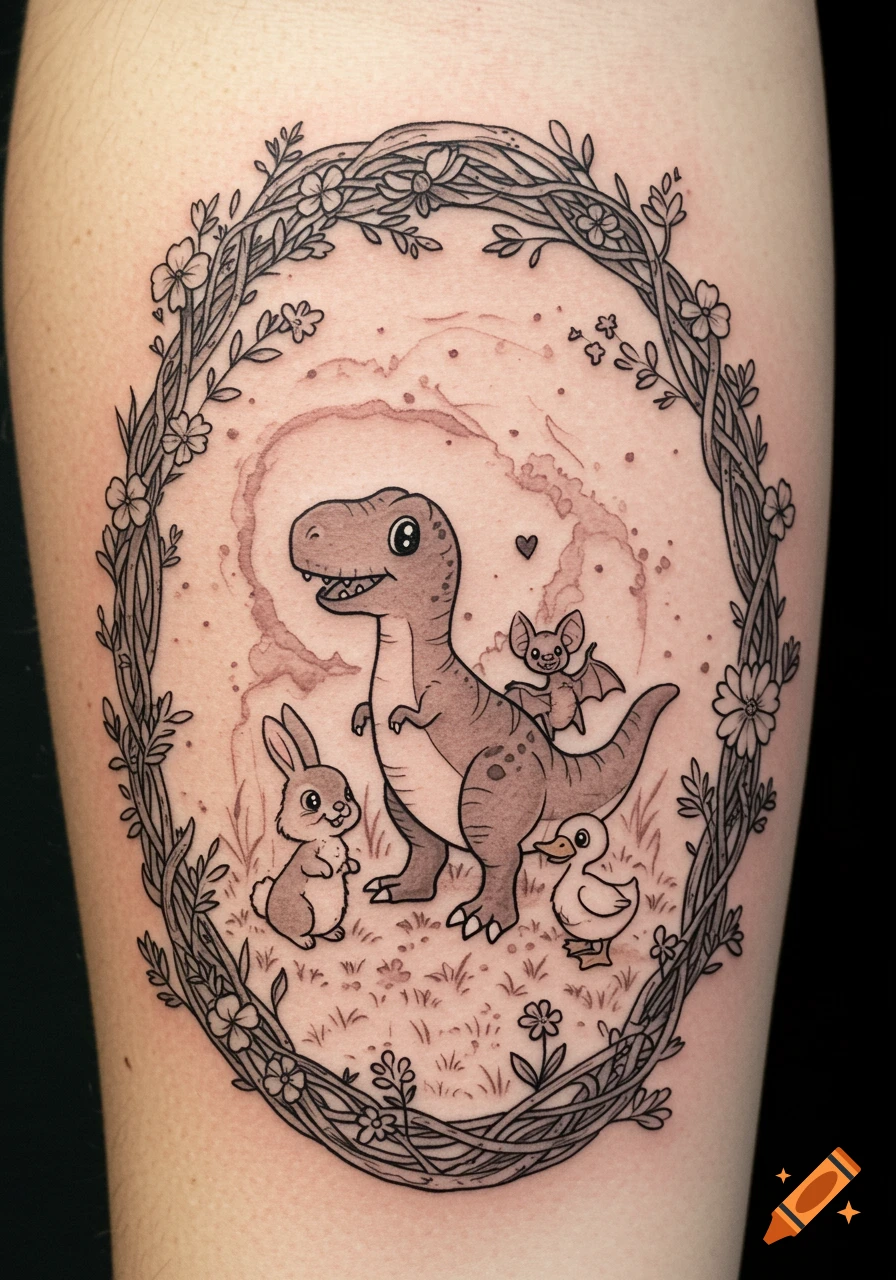Cute T-Rex, bunny, bat, and duck characters inside a floral oval frame, in a cartoon tattoo style.