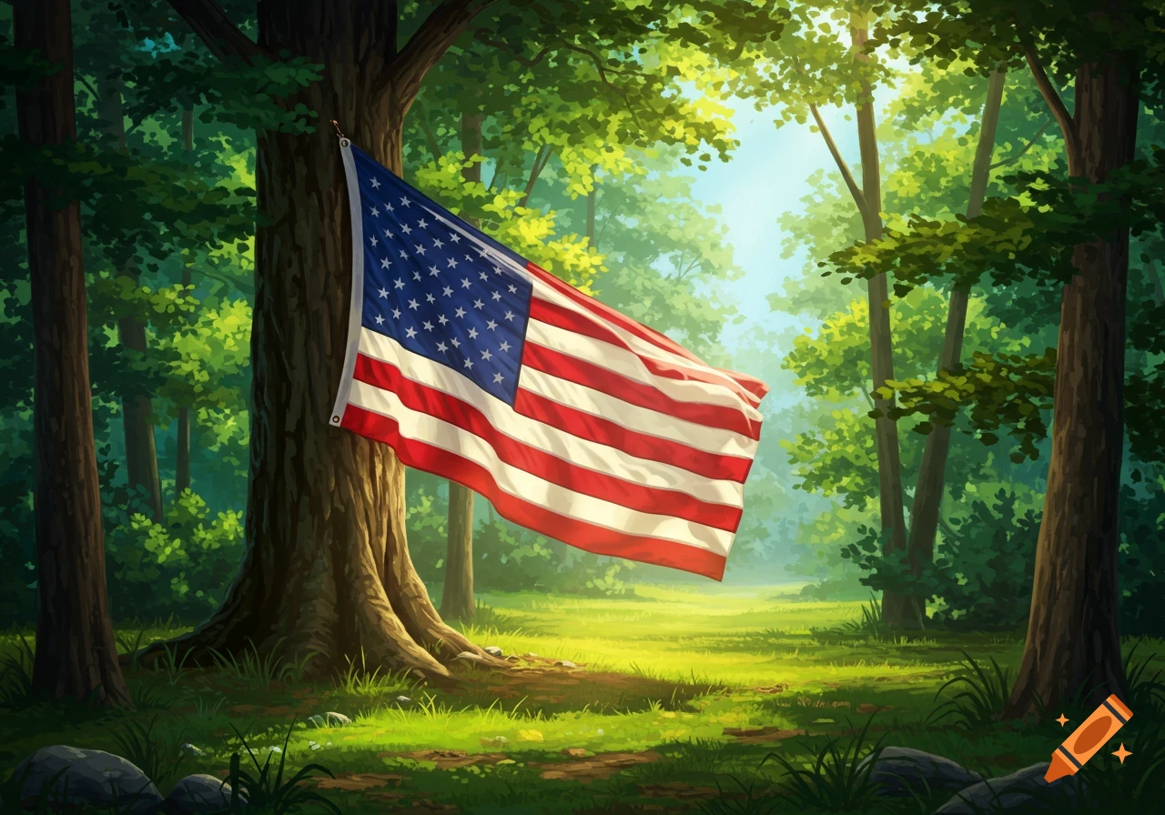 American flag hangs from a tree in a sunlit forest clearing.