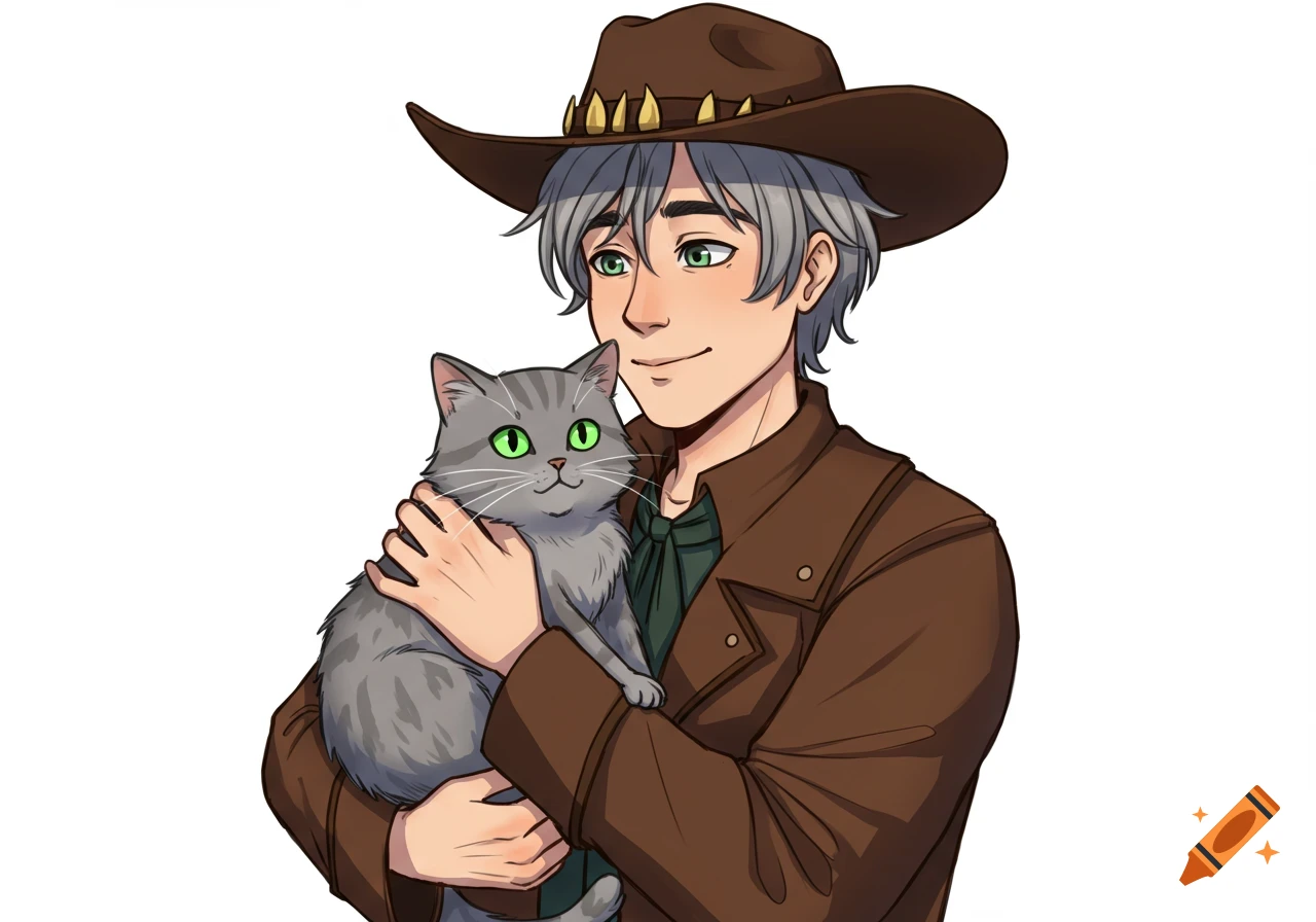 A man wearing a cowboy hat holds a grey cat in a cartoon style.