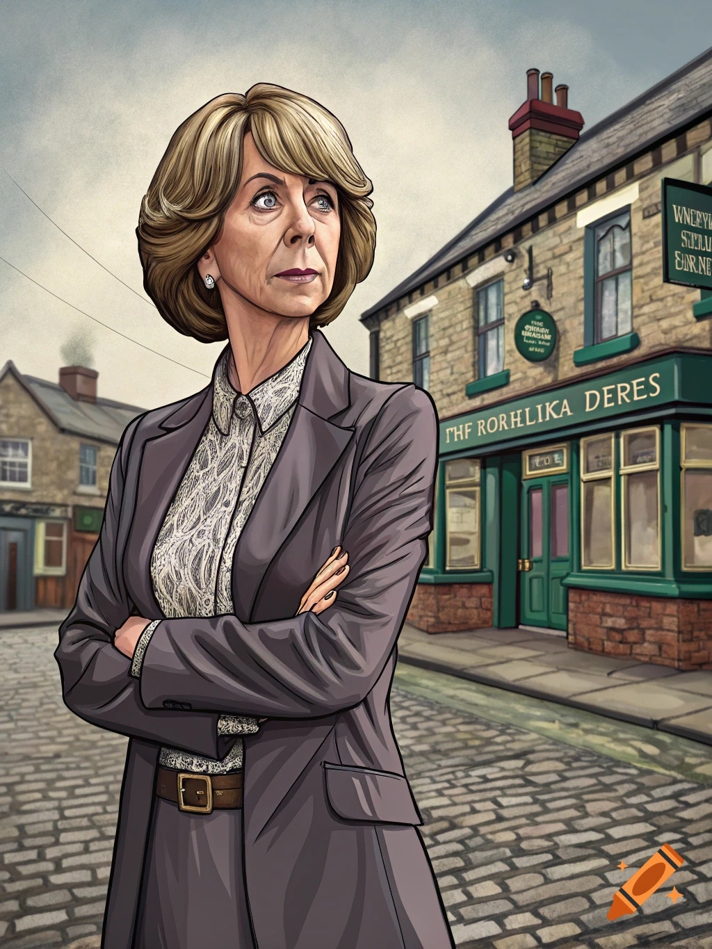 Illustrated portrait of a woman in a suit standing with arms crossed in front of a pub on a street.