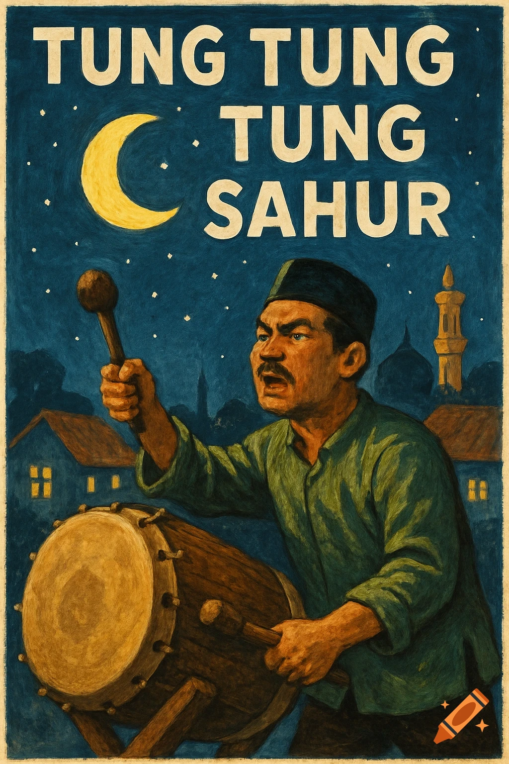 Illustration of a man beating a large drum under a crescent moon, with the text TUNG TUNG TUNG SAHUR.