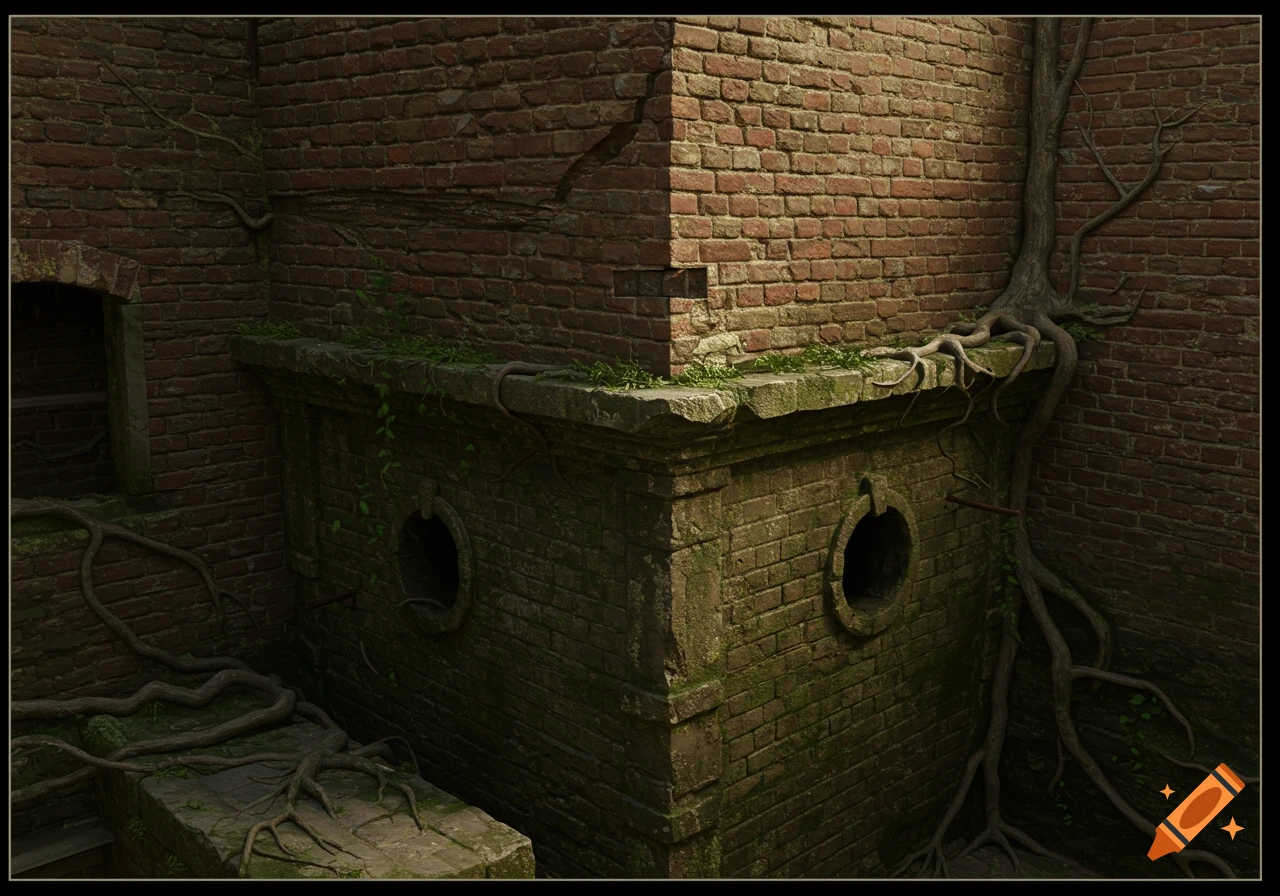 Close up of an old brick structure overgrown with roots and moss, featuring circular openings.