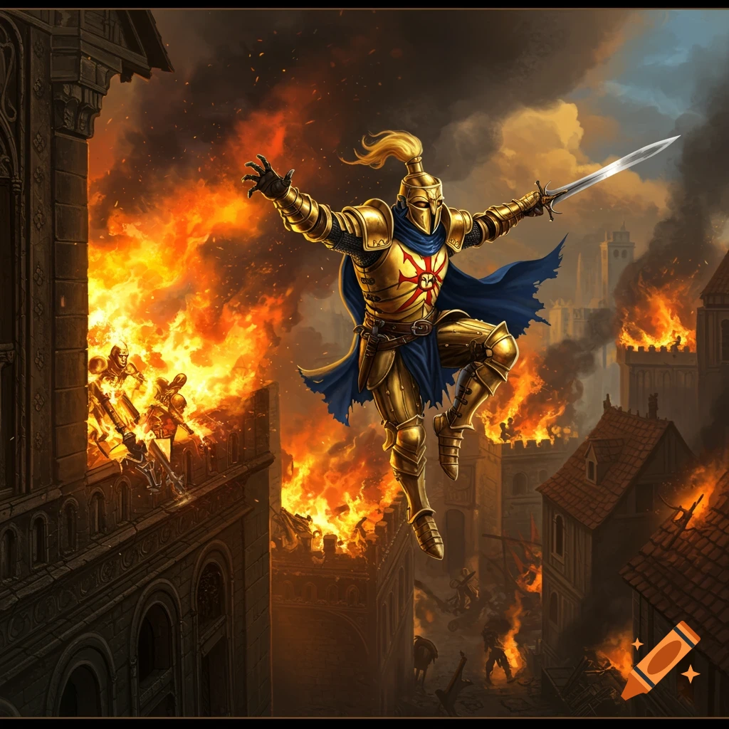 Golden Knight Leaping From A Burning Building In A Medieval Fantasy 