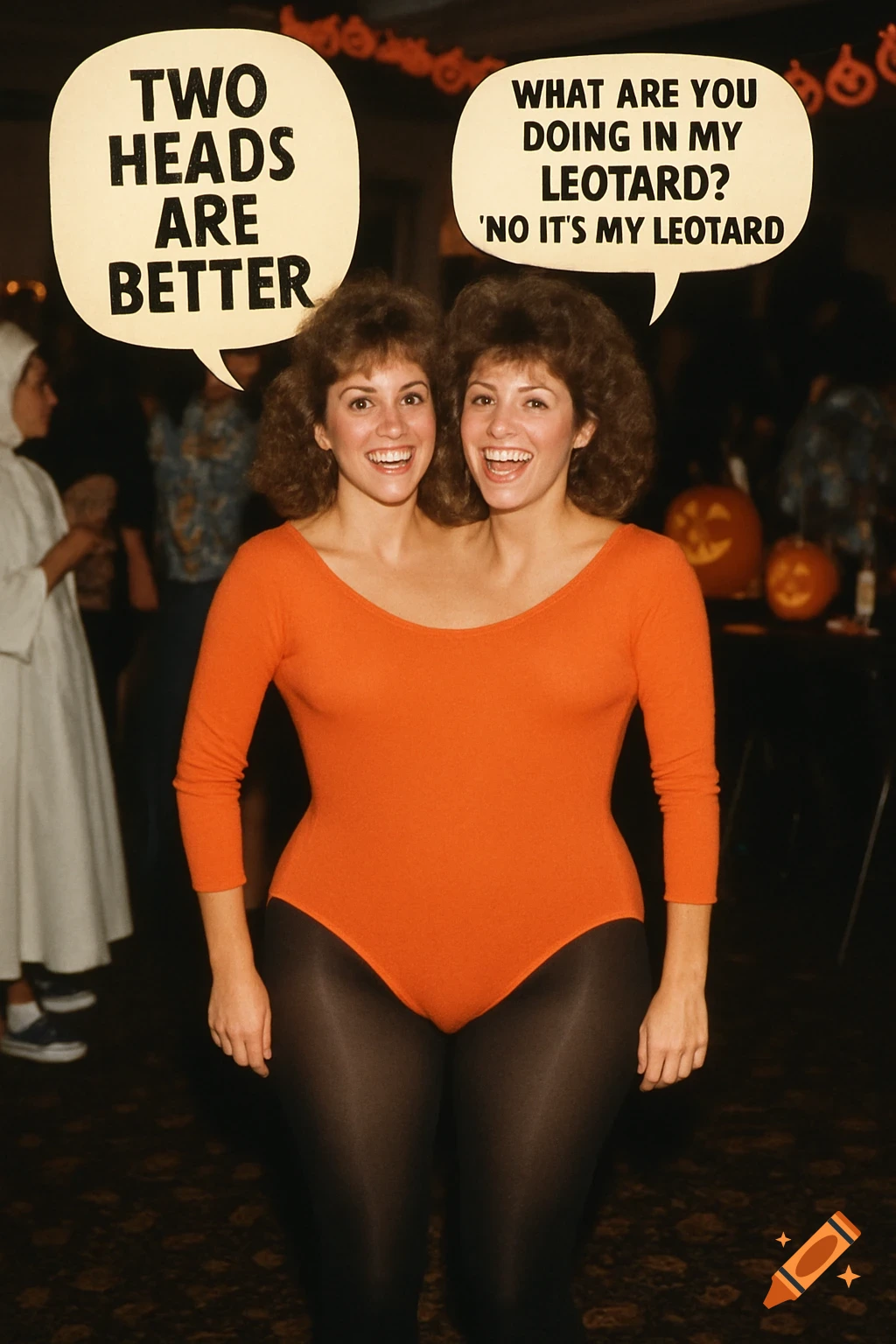 Woman with two heads in an orange leotard at a Halloween party.