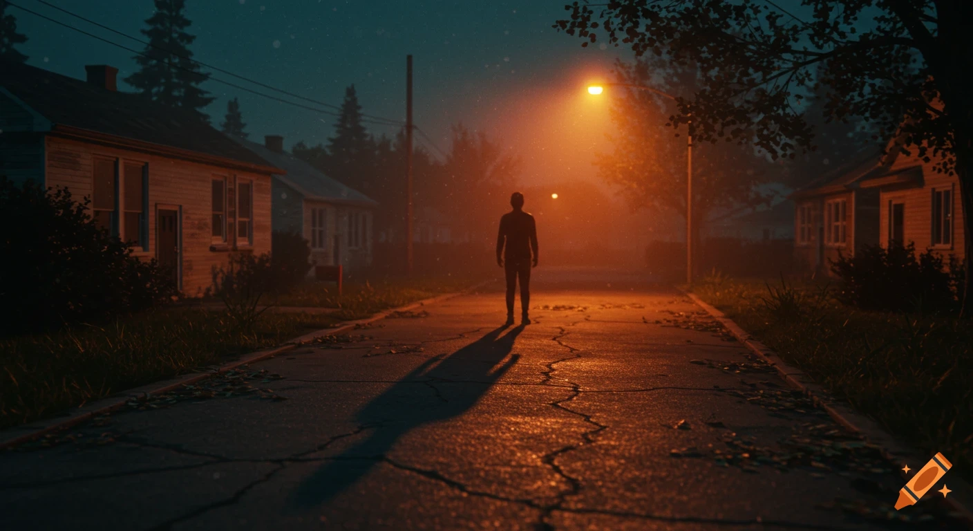A silhouette figure stands on an abandoned suburban street at night under a flickering street light.