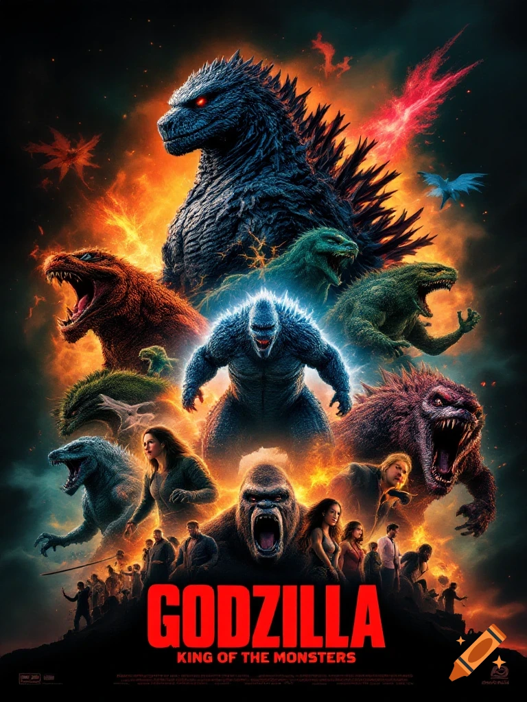Movie poster showing Godzilla, King Ghidorah, Rodan, Mothra, Kong, other monsters, and humans under the title "GODZILLA KING OF THE MONSTERS".