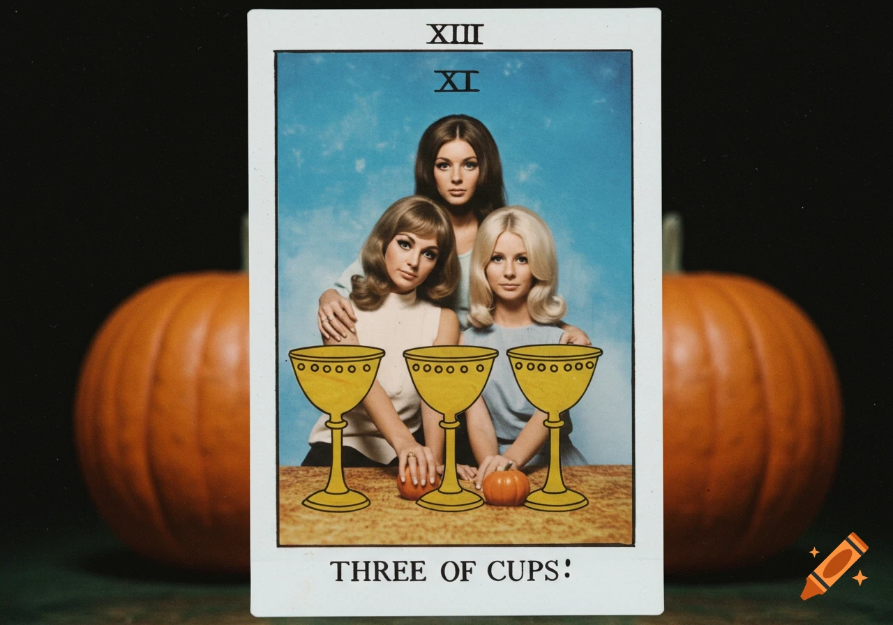 Vintage photograph of a Three of Cups tarot card showing three 1960s women and three golden cups, placed between two pumpkins.
