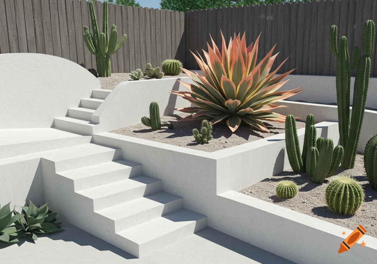 A modern garden with concrete stairs and curved walls featuring various cacti and succulents.