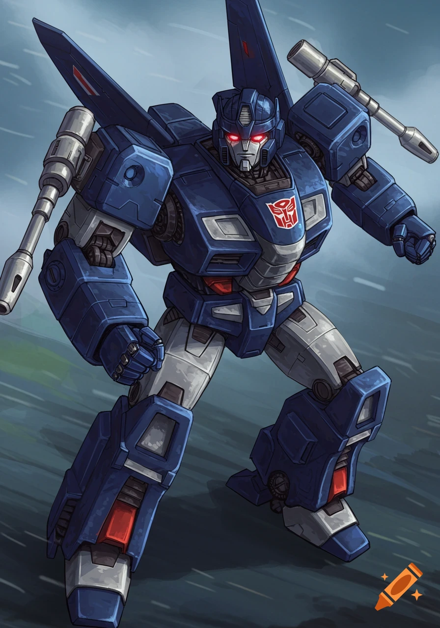 An illustration of a blue and gray Transformers robot character with red eyes, standing with cannons on its back.