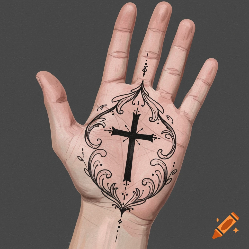 Close-up of a hand with a black tattoo of a cross within an ornate decorative frame.