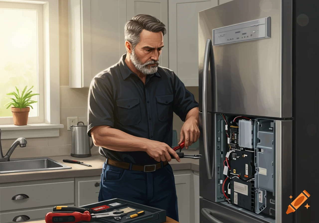 Man fixes refrigerator in kitchen, illustration style