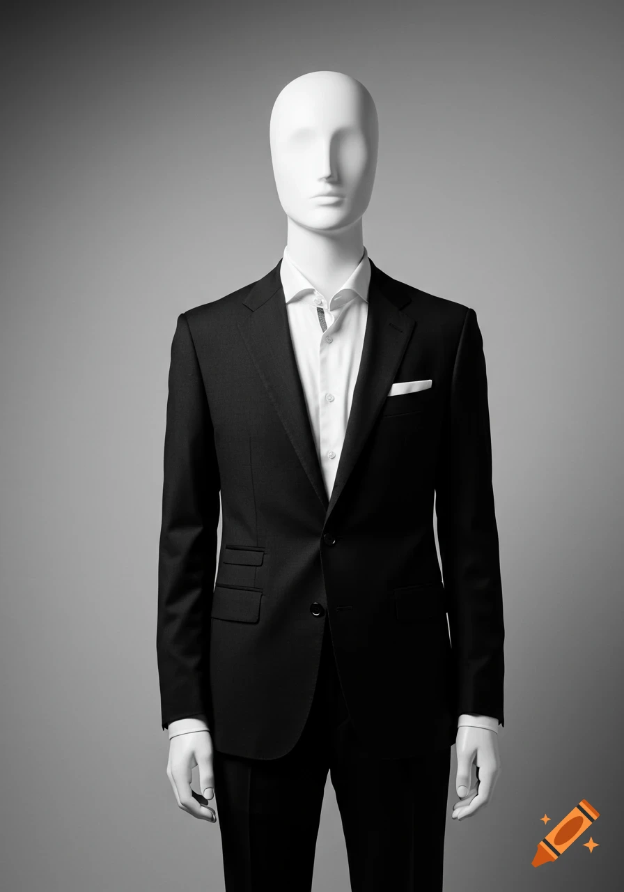 Mannequin in a black suit and white shirt in monochrome