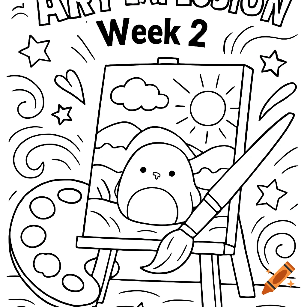 Black and white coloring page with a cute penguin painting a landscape on an easel, next to a palette and brush. Text reads "ART EXPLOSION Week 2".