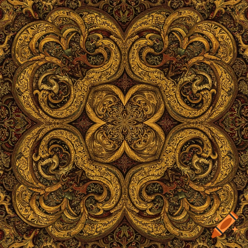 A symmetrical ornate pattern in gold and dark colors, resembling a detailed carpet or decorative panel.