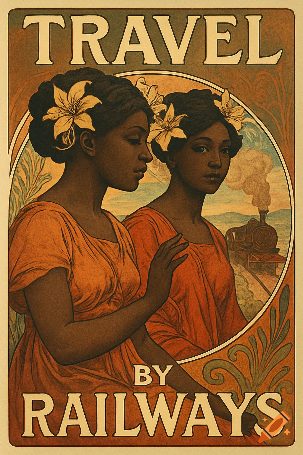 Vintage Art Nouveau travel poster with two women and a train