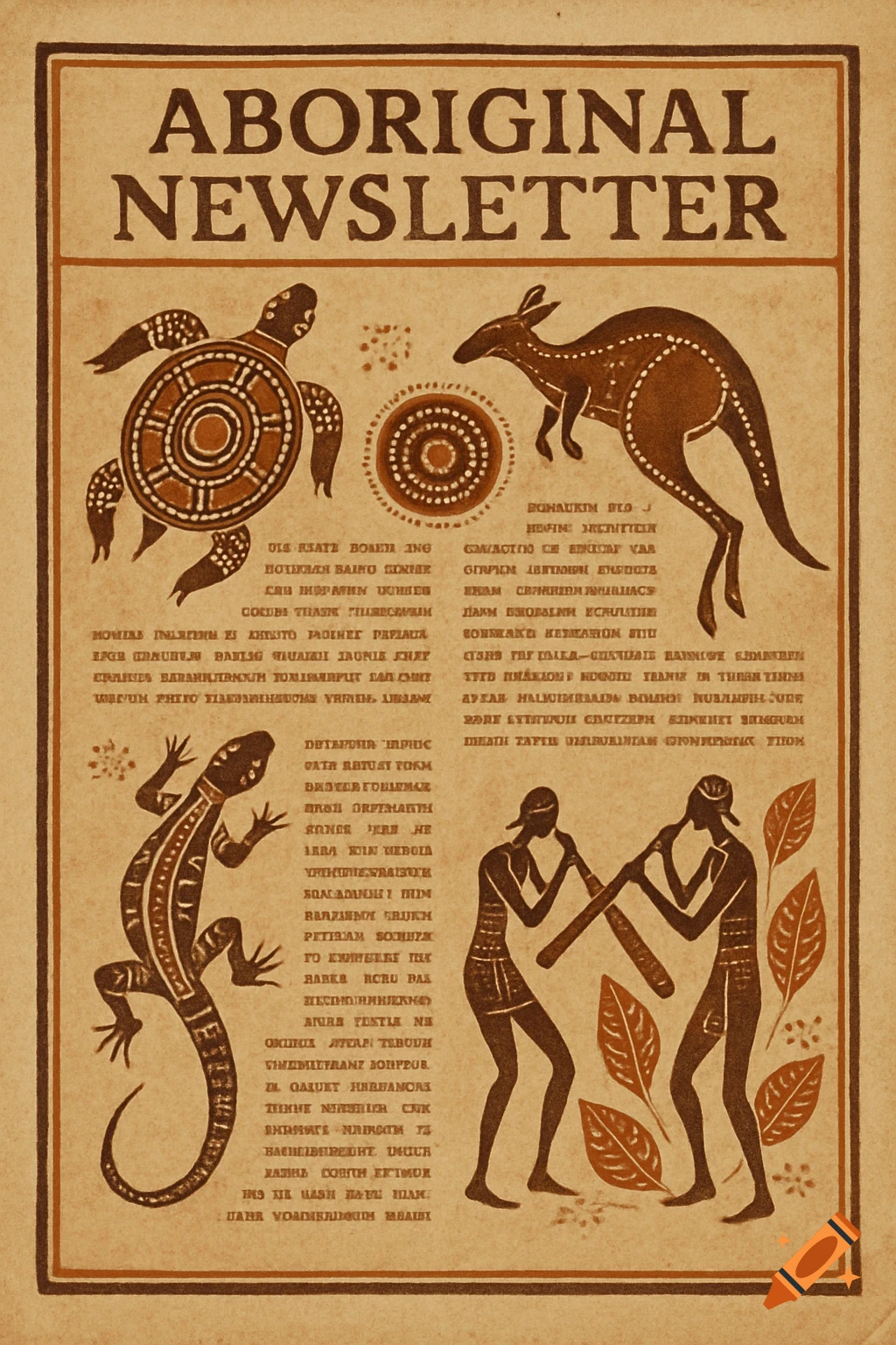 Aboriginal art style image with text header, featuring turtle, kangaroo, lizard, and figures playing didgeridoos.