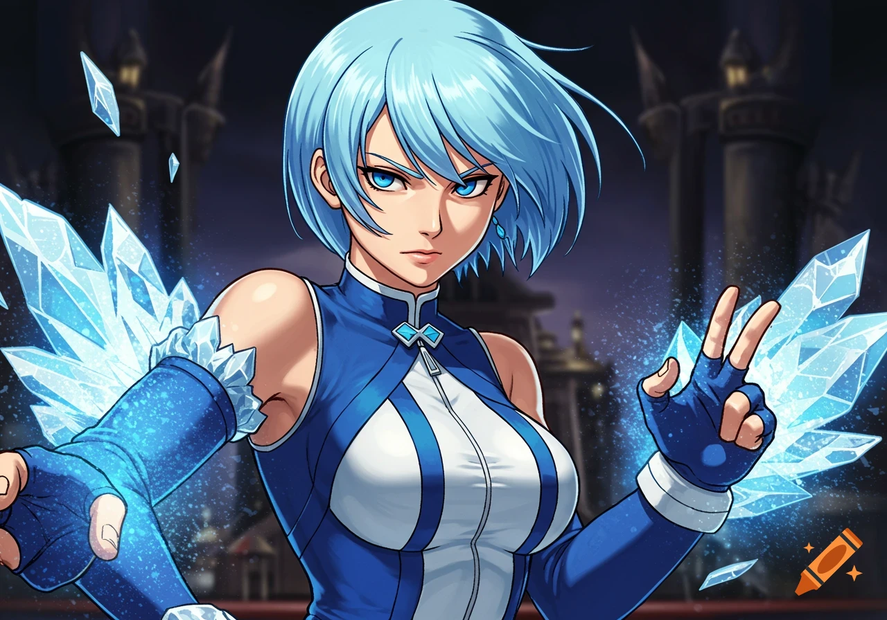 Anime style portrait of a character with light blue hair manipulating ice crystals.