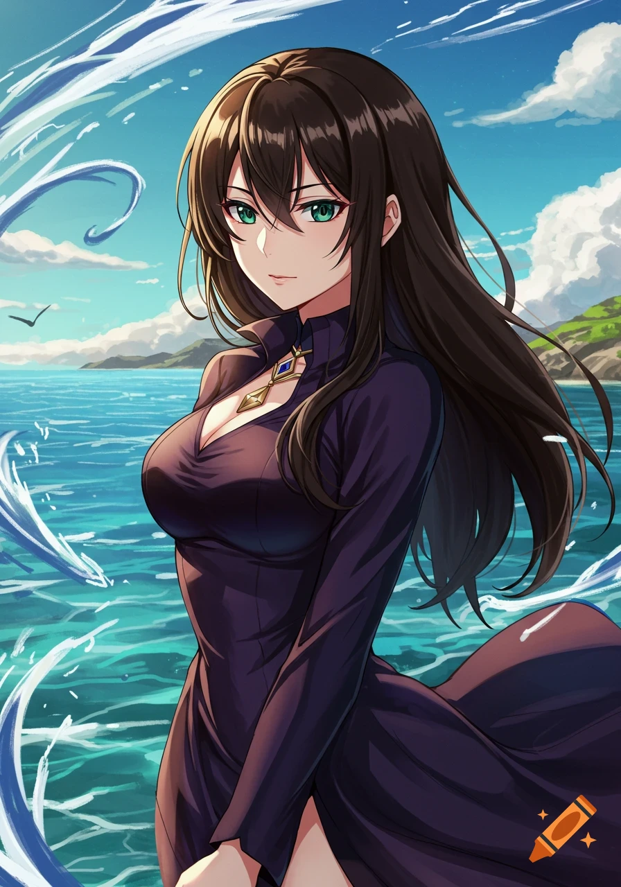 Anime woman with long dark hair and green eyes by the sea