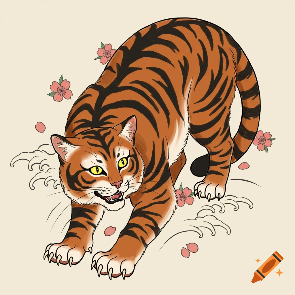 A cat stylized as a tiger in a Japanese tattoo sketch style, with cherry blossoms and waves.