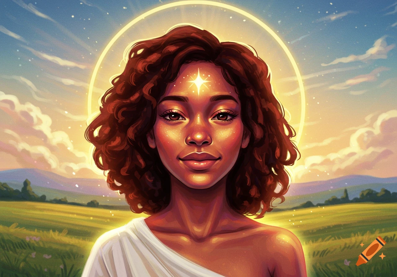 A woman with a glowing halo and sparkling forehead stands in a sunlit ...