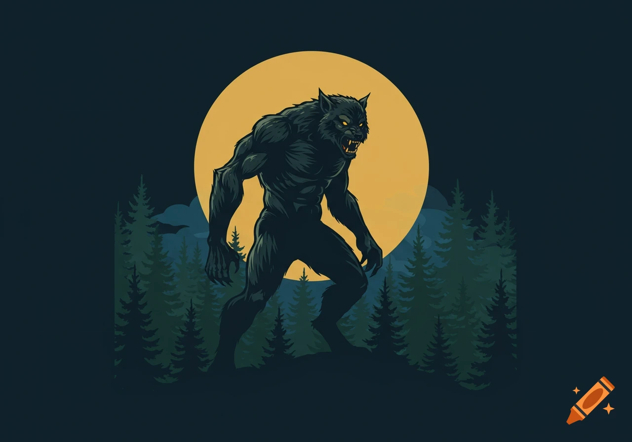 A stylized illustration of a muscular werewolf standing in a forest under a full moon.