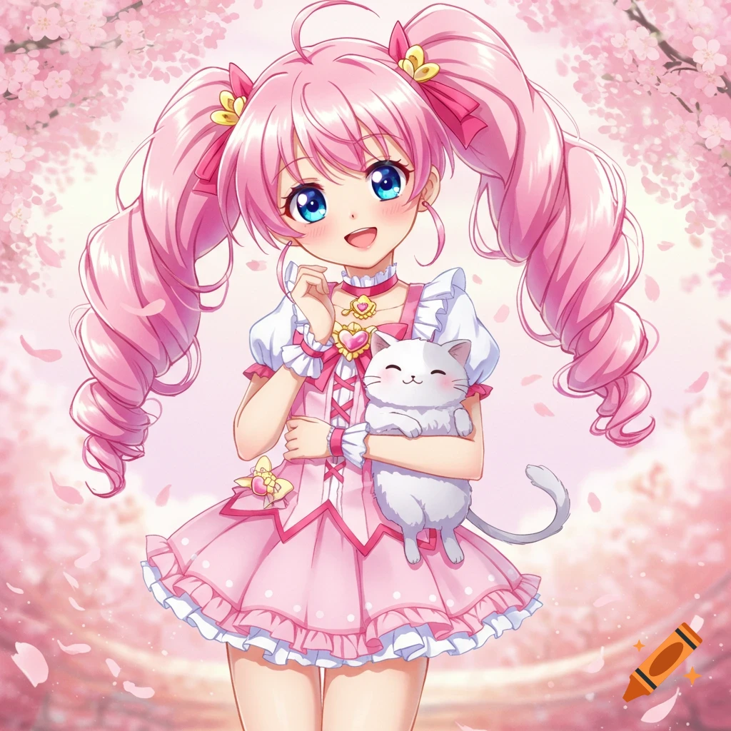 Cute anime girl with pink hair and blue eyes holding a white cat under cherry blossoms.