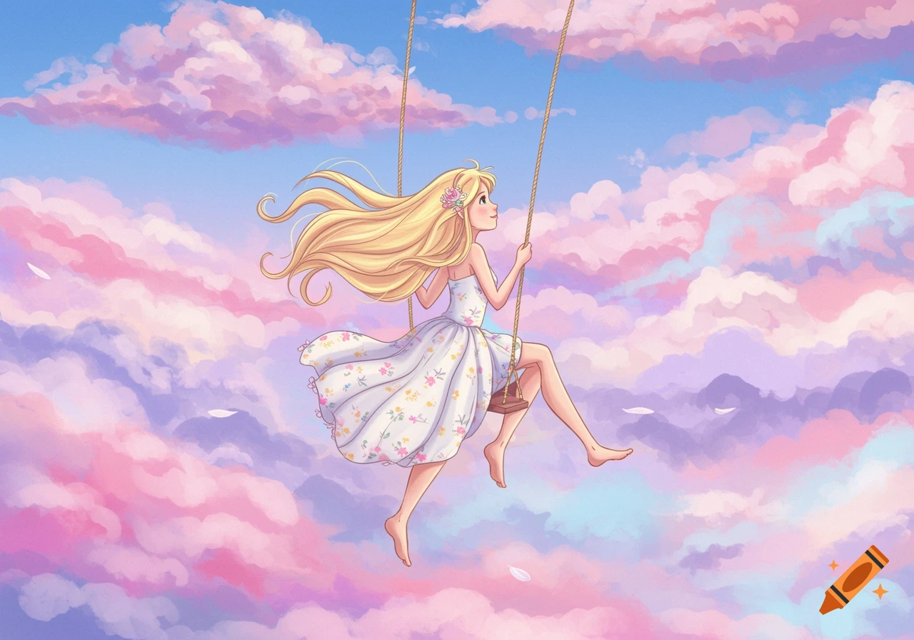 A blonde girl swings on a rope swing in a sky filled with dreamy pink and purple clouds. Illustration style.
