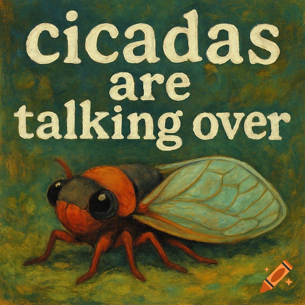 Illustration of a cicada with the text 'cicadas are talking over' above it.