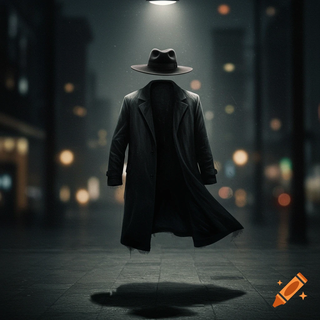 An invisible person in a coat and hat floats above a wet street in a dark city