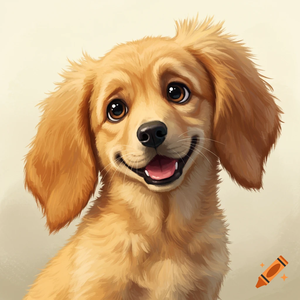 Close-up illustration of a smiling golden puppy with big eyes and floppy ears.