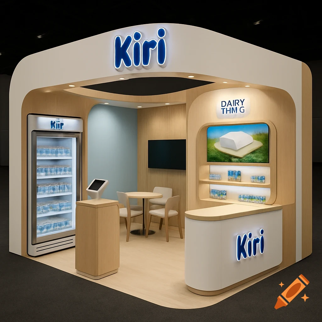 Photorealistic rendering of an L-shaped exhibition booth for Kiri dairy brand.