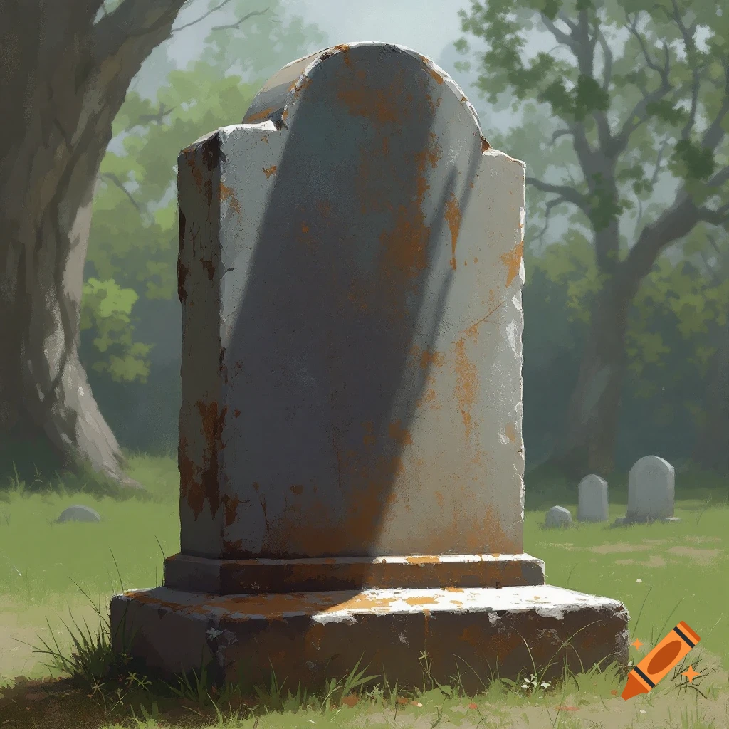 A close-up illustration of a weathered tombstone in a grassy cemetery.