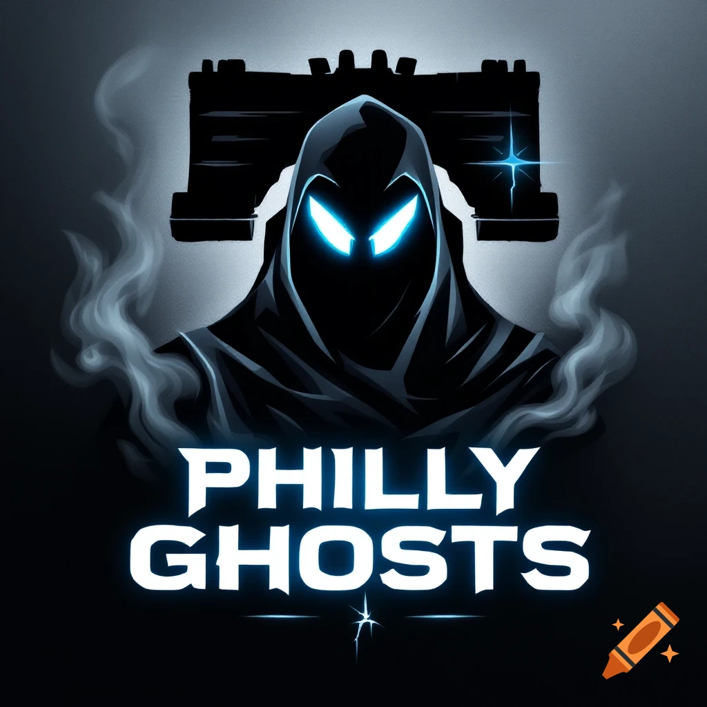 Logo design of a hooded figure with glowing blue eyes, smoke, and the text PHILLY GHOSTS.