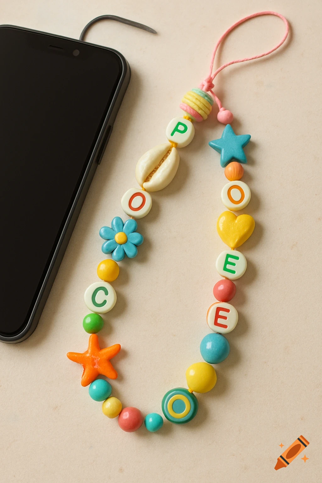 Colorful beaded phone charm with shell, flower, star, heart, and letter beads next to a phone.