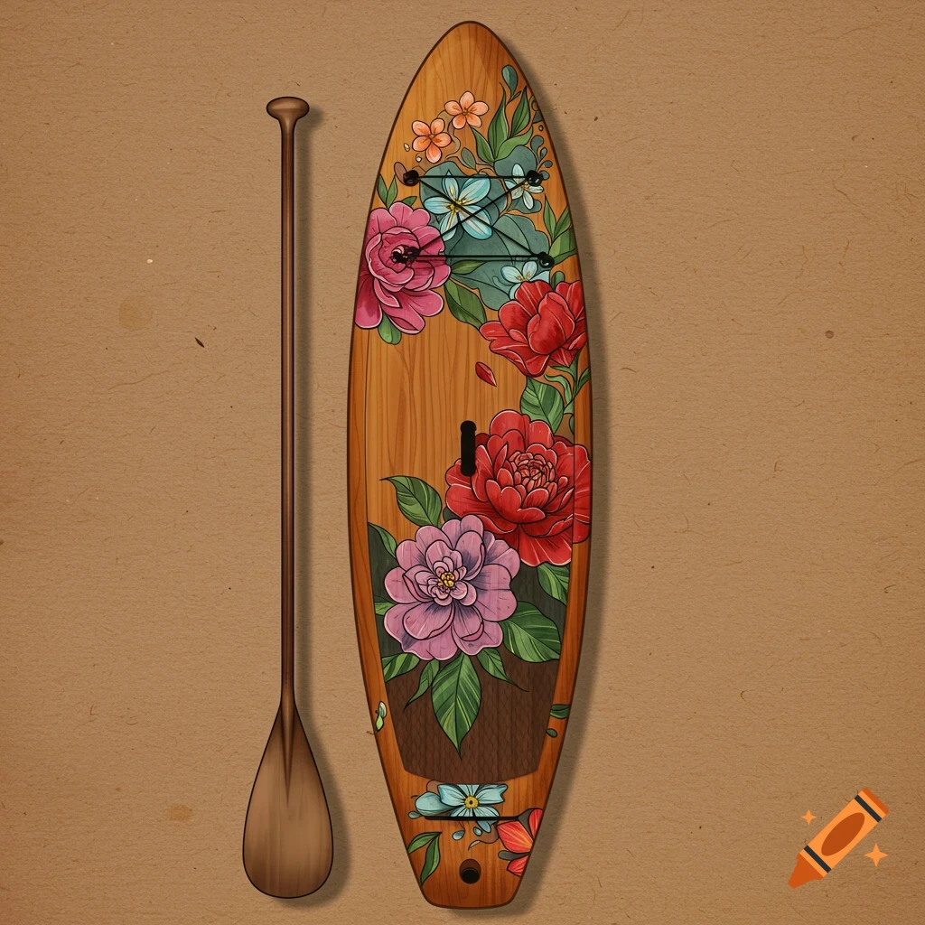 Wooden paddleboard with floral design and paddle on a textured background.