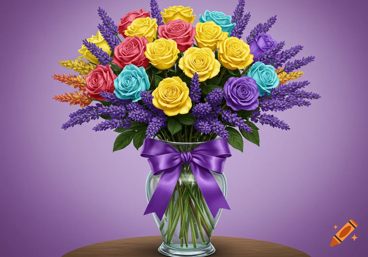 A colorful bouquet of roses and lavender in a glass vase with a purple bow.