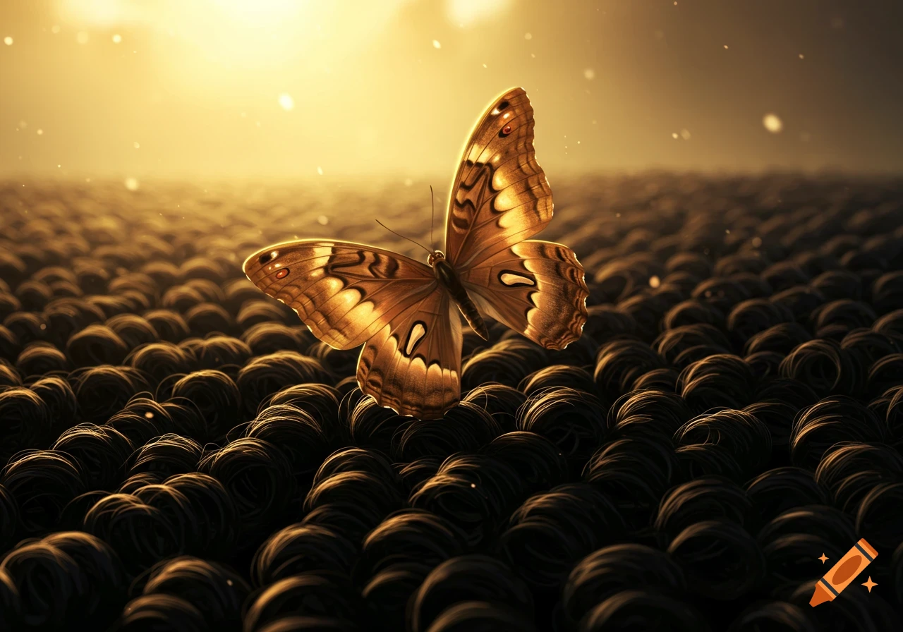 A brown butterfly on a surface of dark, coiled fibers under golden light.