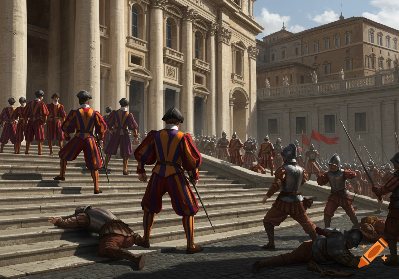 Swiss Guards in colorful uniforms battle mercenaries on the steps of a basilica in a historical scene.