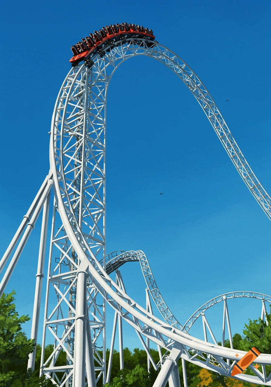 A tall, white roller coaster goes through a large loop against a bright blue sky with trees at the bottom.