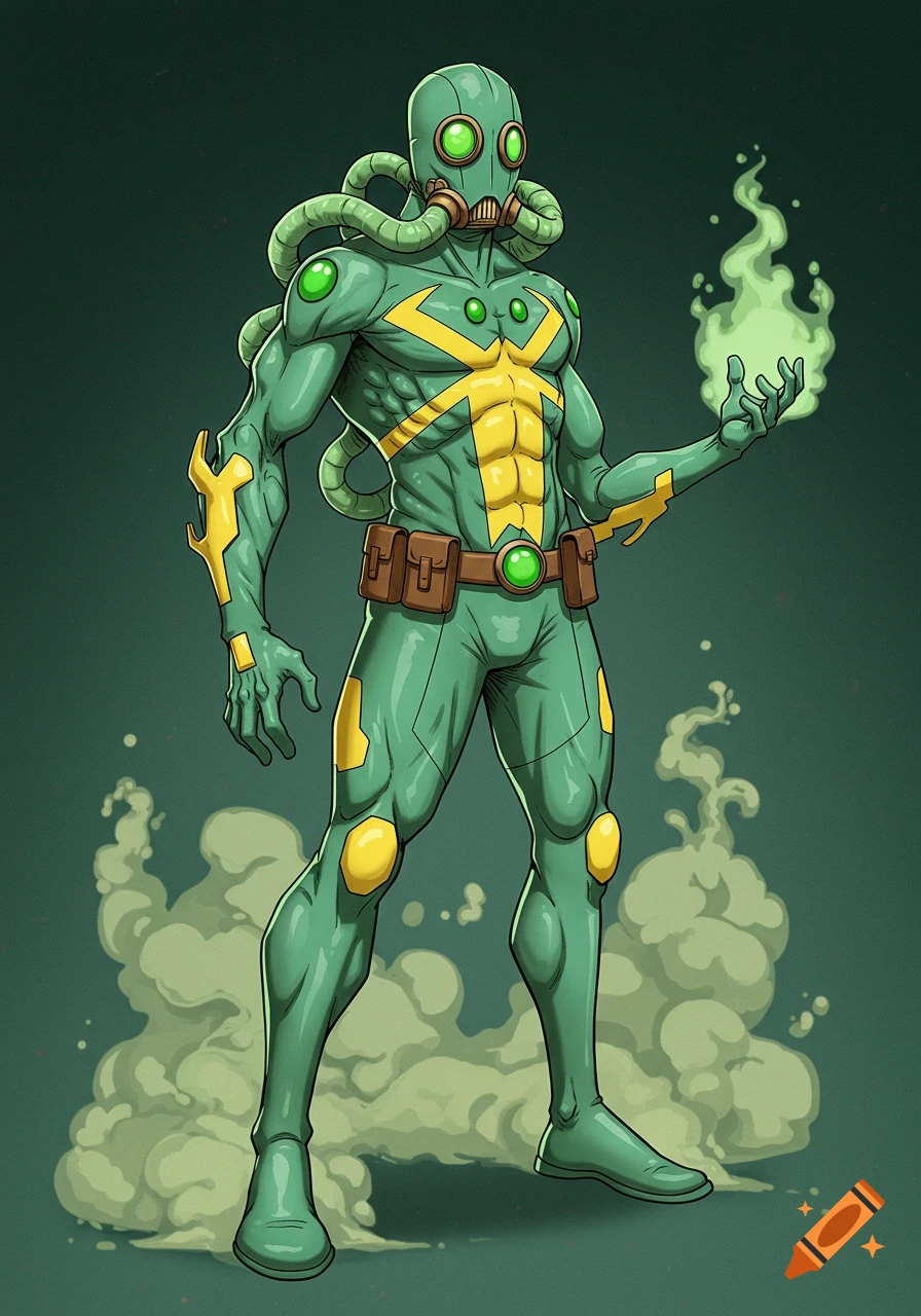 Green and yellow superhero with gas mask emits green smoke