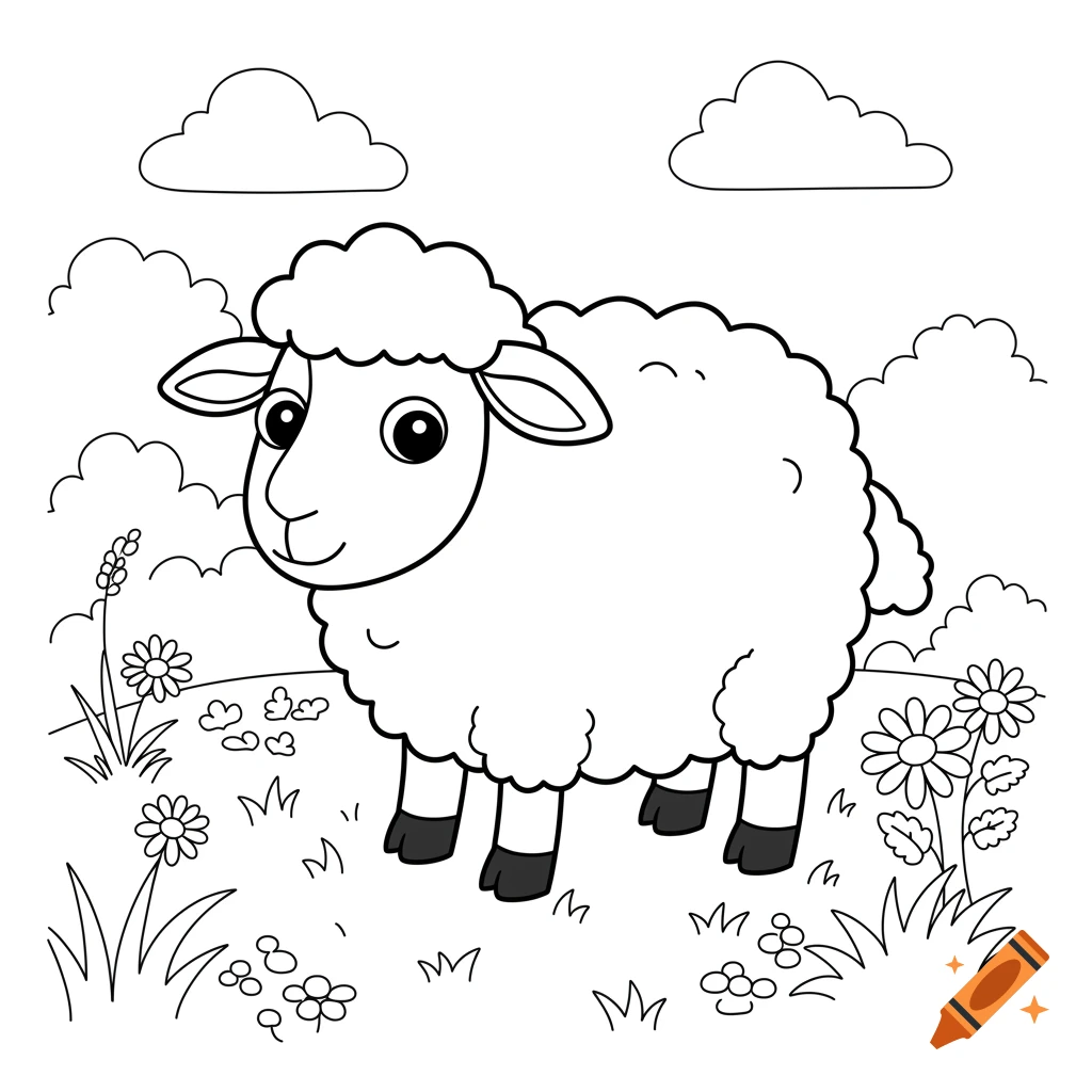 A cute cartoon sheep stands in a grassy field with flowers and clouds, line drawing for coloring.